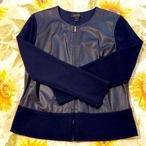 St. John Navy Leather Mixed Media Jacket, Size 8